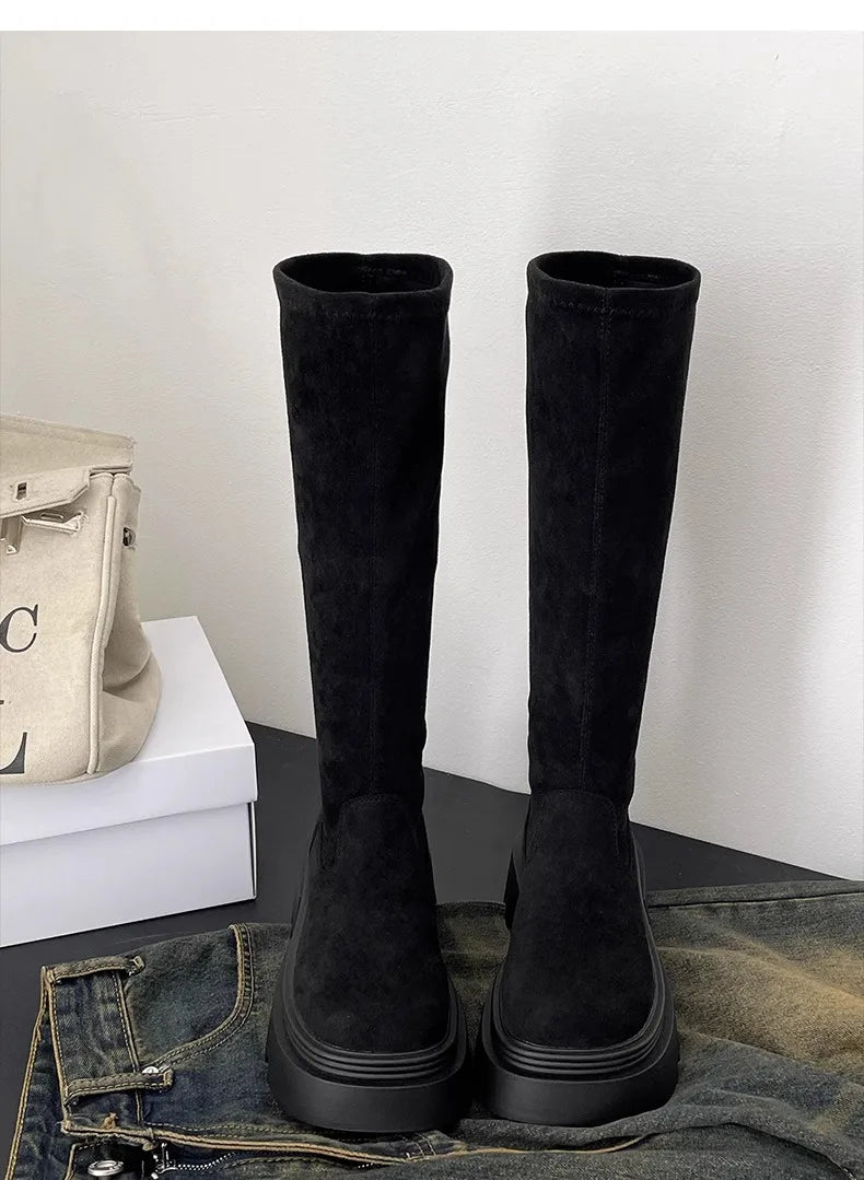 Winter Platform Punk Style Woman Knee High Boot Concise Slip On Elastic Slim Shoes Ladies Thick Bottom Knight Long Booties