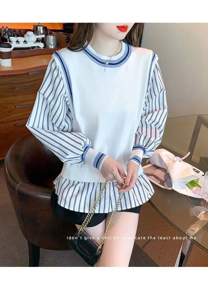 Autumn Preppy Style Patchwork O-neck Fake Two Pieces Top Tee Female Casual Striped Long Sleeve Sweatshirts Women Clothes Tshirt