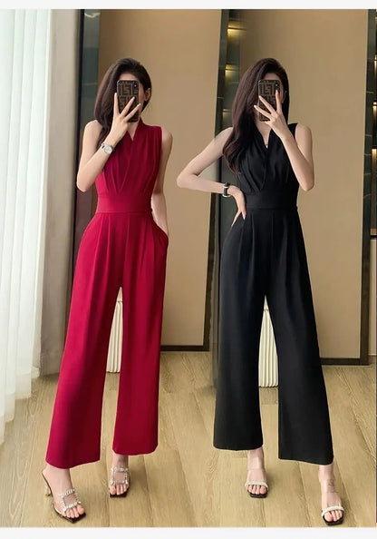 Women's Wide Leg Jumpsuit Pants 2025 Summer New Casual Straight Tube Sports Overalls V-neck Sleeveless Bodysuit For Women Romper.