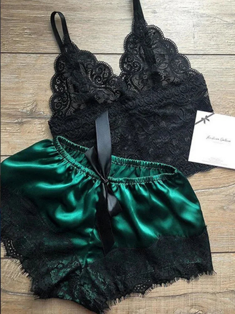 Damen sexy Spitze Nachtwäsche Spitze Nachthemd Dessous ärmellose V-Ausschnitt Babydoll Pyjamas Set Dessous Tops Shorts Set Nachtwäsche.