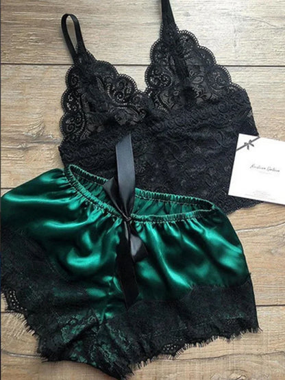 Damen sexy Spitze Nachtwäsche Spitze Nachthemd Dessous ärmellose V-Ausschnitt Babydoll Pyjamas Set Dessous Tops Shorts Set Nachtwäsche.