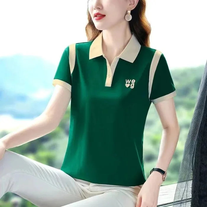 Sporty Short Sleeve Polo Shirt for Women Summer Fashionable Hong Kong Style Top Slim Fit Mixed Fabric Trendy T-Shirt