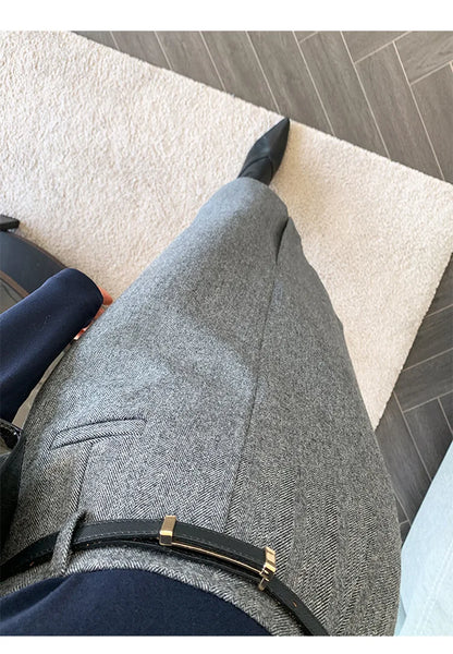 Gray Pencil Skirts Belted Elegant Women Slim Office Ladies Casual A-Line High Waist Split Midi Skirt Autumn Winter.