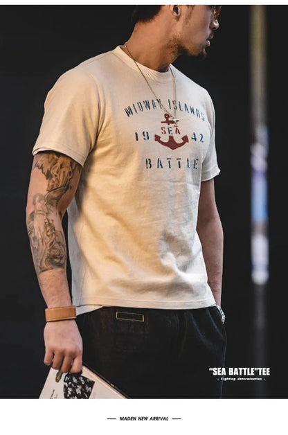 Maden Vintage Letter Print Cotton Short Sleeve T-Shirt Men's Summer Loose Fit Ribbed Crew Neck Tee Casual Street Tops for Daily.