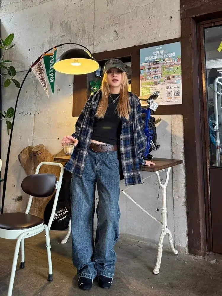 HOUZHOU Vintage Plaid Shirts Women Harajuku Long Sleeve American Style Drawstring Hooded Blouses Loose Casual Streetwear Spring.