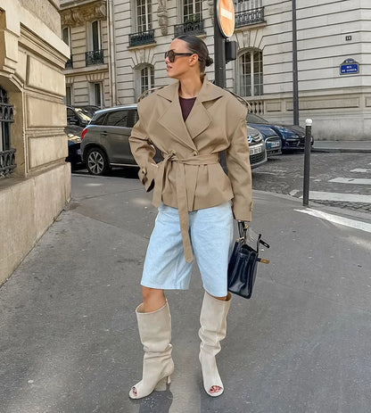 2025 Women Fall Lace-up Cropped Trench Coat Fashion Lapel Long Sleeves Wide Shoulder Windbreaker Jacket Commuting Daily Jackets.