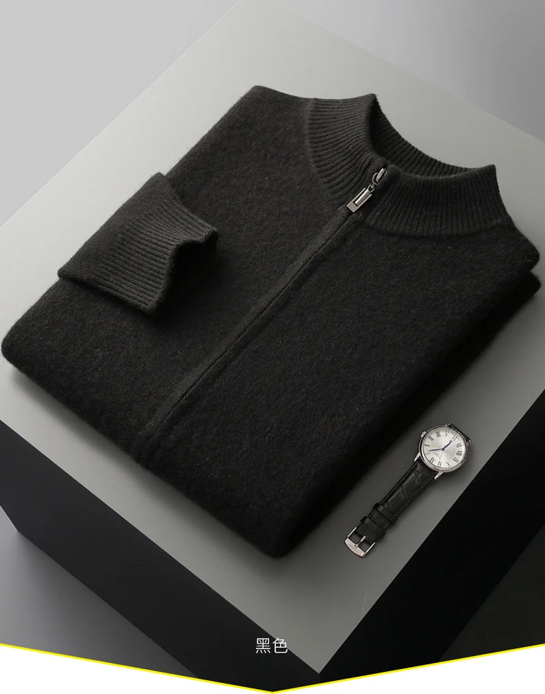 100% Merino Wool Men's Warm Sweater Mock Collar Thickened Zippered Cardigan Autumn Winter New Cashmere Knitted Long Sleeve Tops