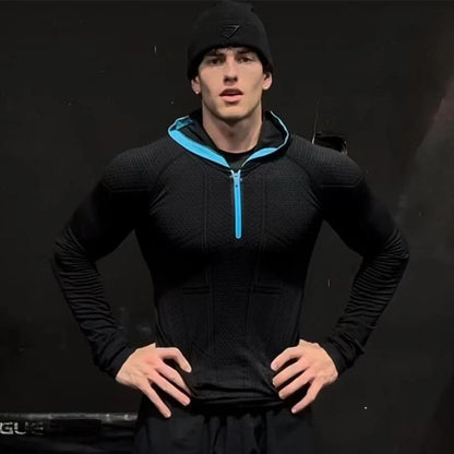 Men's Quick Dry Breathable Slim Fit Elastic Hooded Zipper Long Sleeve Fitness T-Shirt for Gym Sports Casual.