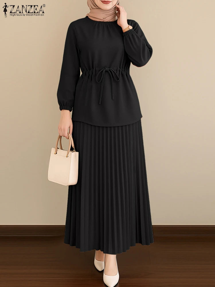 ZANZEA Elegant Women Autumn 2 Piece Sets Muslim Tracksuits Fashion Long Sleeve Tops Pleated Maxi Skirts Suit 2PCS Work Outfits