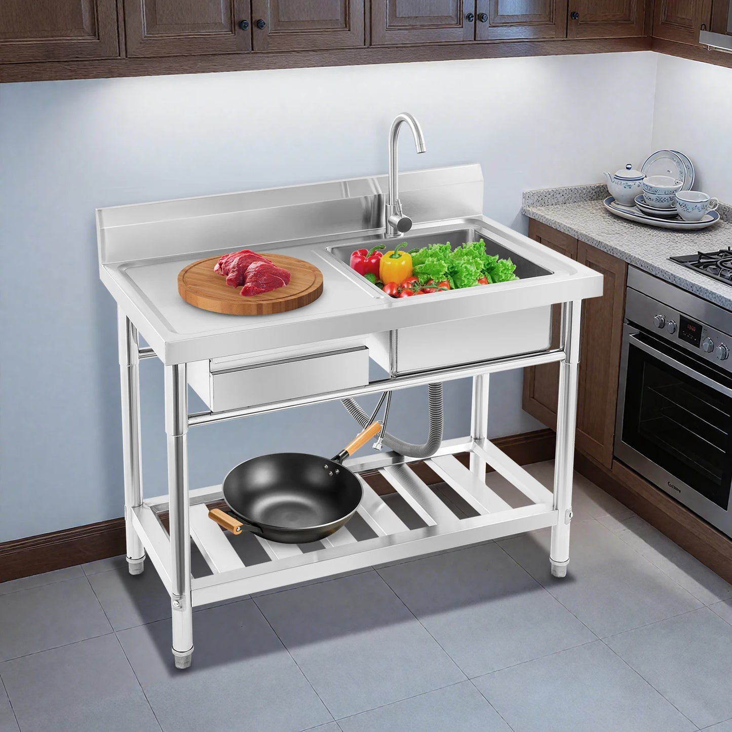 Verdicktes Edelstahl-Spülbecken mit Wasserhahn und Schublade, 150 kg Tragkraft 100 x 60 x 80 cm, für Küche, Restaurant, Wäsche, Garage