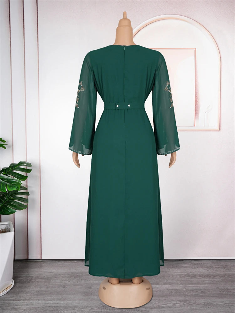 Elegante Frauen Abendkleid Langarm Chiffon Maxi Roben Luxus Diamant Party Kleider Dubai Türkei Abayas Kaftan Marocaine Femme.