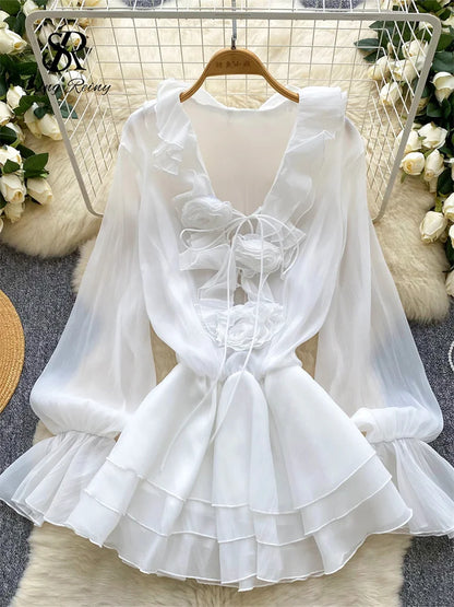 SINGREINY 3D Floral Strand Kurzes Kleid Weibliche Lange Ärmel Spitze Up Rüschen Chiffon Kuchen Sommerkleid Sheer Sexy Vintage Bohemian Kleid