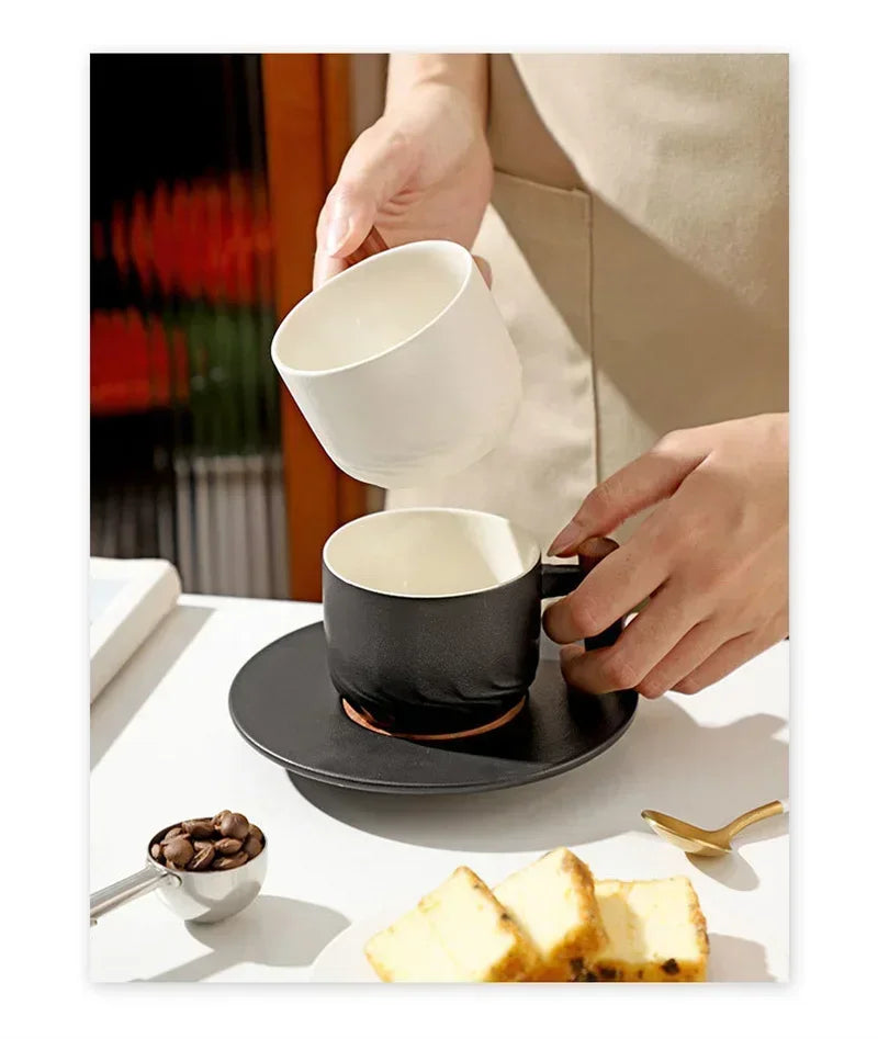 130ML Ceramic Coffee Cup Saucer Set Wooden Handle Japanese Tea Cups Filter Home Water Mug Handmade Frosted Tea Coffee Cup Gift.