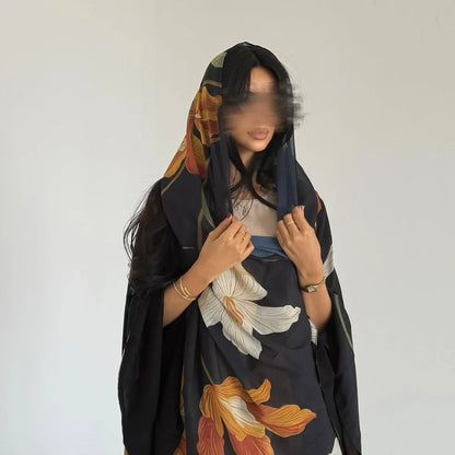 Uni Dubai Fashion Floral Print Open Abaya Muslim Elegant Cardigan With Hijab Scarf 2025 Feminine Clothes.