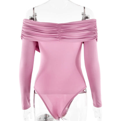 New Solid Sexy Off Shoulder Bodysuits Women Fashion Crossed Folds Skinny Rompers Long Sleeve Fashion Streetwear Autumn Bodysuits