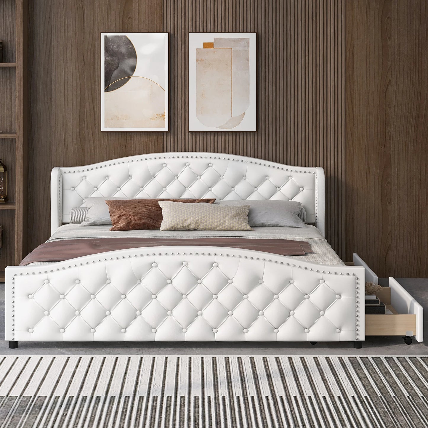 Merax Polsterbett 180x200, Lattenrost, 2 Schubkästen, hohes Kopfteil, PU, weiß