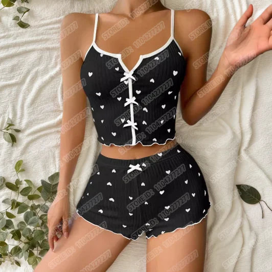 Frauen Sexy Nachtwäsche Pyjamas Set Herz Druck Seide Fleck V-ausschnitt Ärmellose Sexy Dessous Casual Cami und Shorts Sets Loungewear.