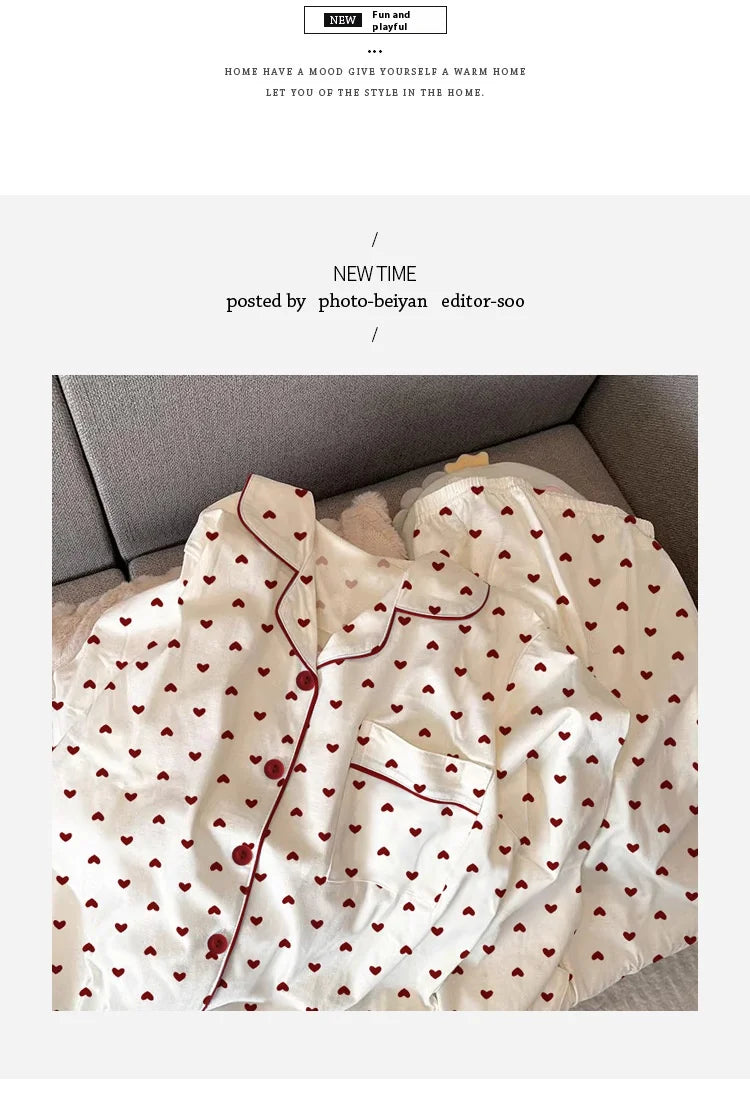 Neue Frühling und Herbst Damen Ins Stil Pyjamas Homewear Set Mädchen Gedruckt Liebe Lange Ärmeln Unterwäsche Pyjamas Homewear Set.