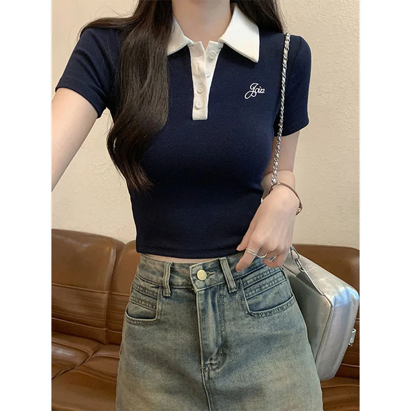 Original Quality Short Sleeve Polo Neck T-Shirt Women's Slim Fit Waist Cinched Sexy Design Casual Sweet Style Polyester Fabric.
