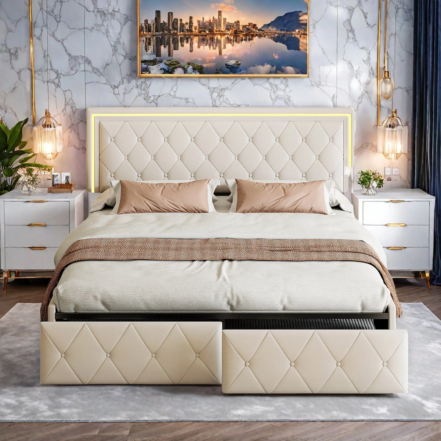 Rosahqnda Modernes Kunstlederbett mit Schubladen, stilvolles Doppelbett aus Kunstleder mit Stauraum, ohne Matratze