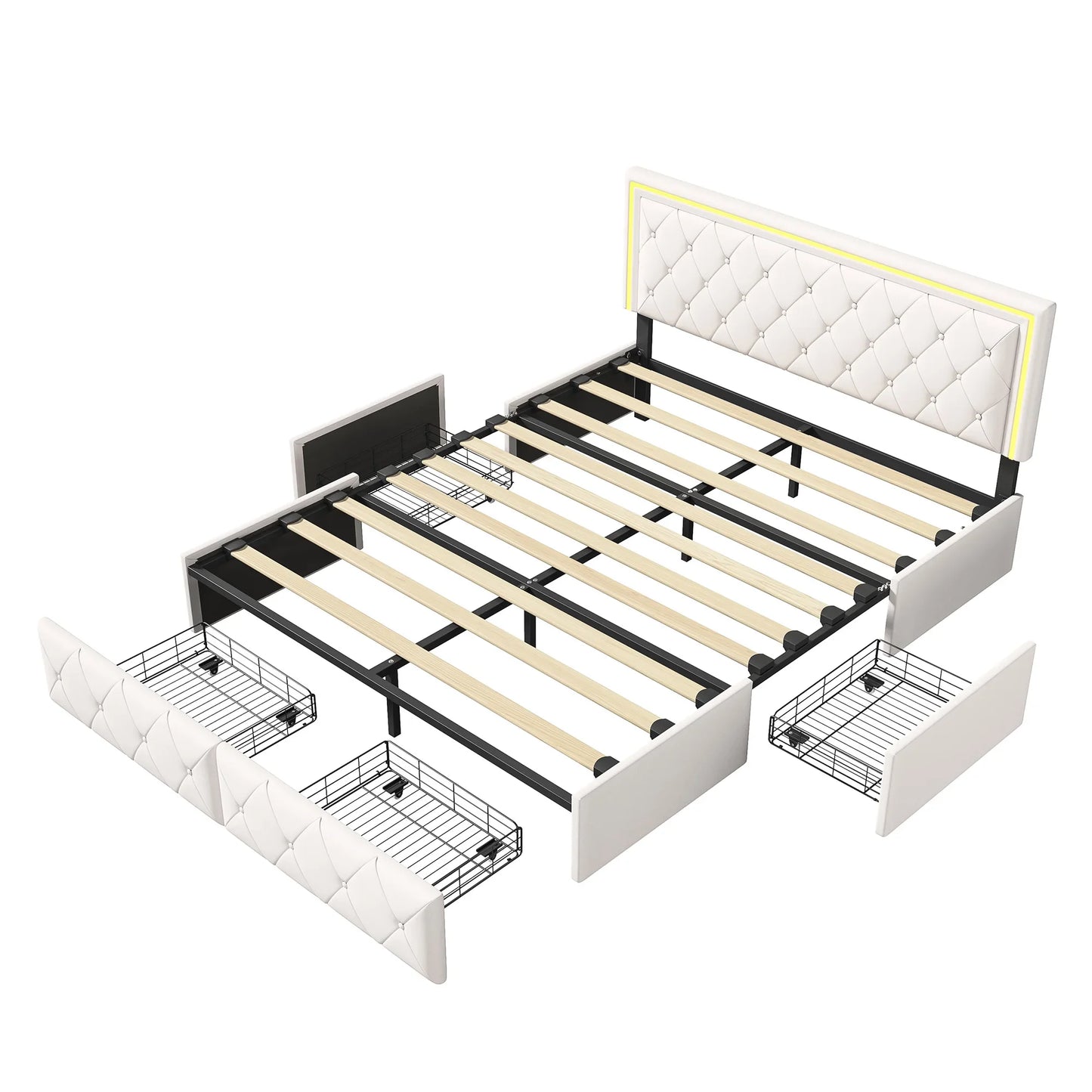 Lazyspace 4 Schubladen + RGB-LED-Kopfteil-Bettgestell, PU-Polsterbett, moderne Queen-Size-Einzel-Doppelbetten, Schlafzimmermöbel