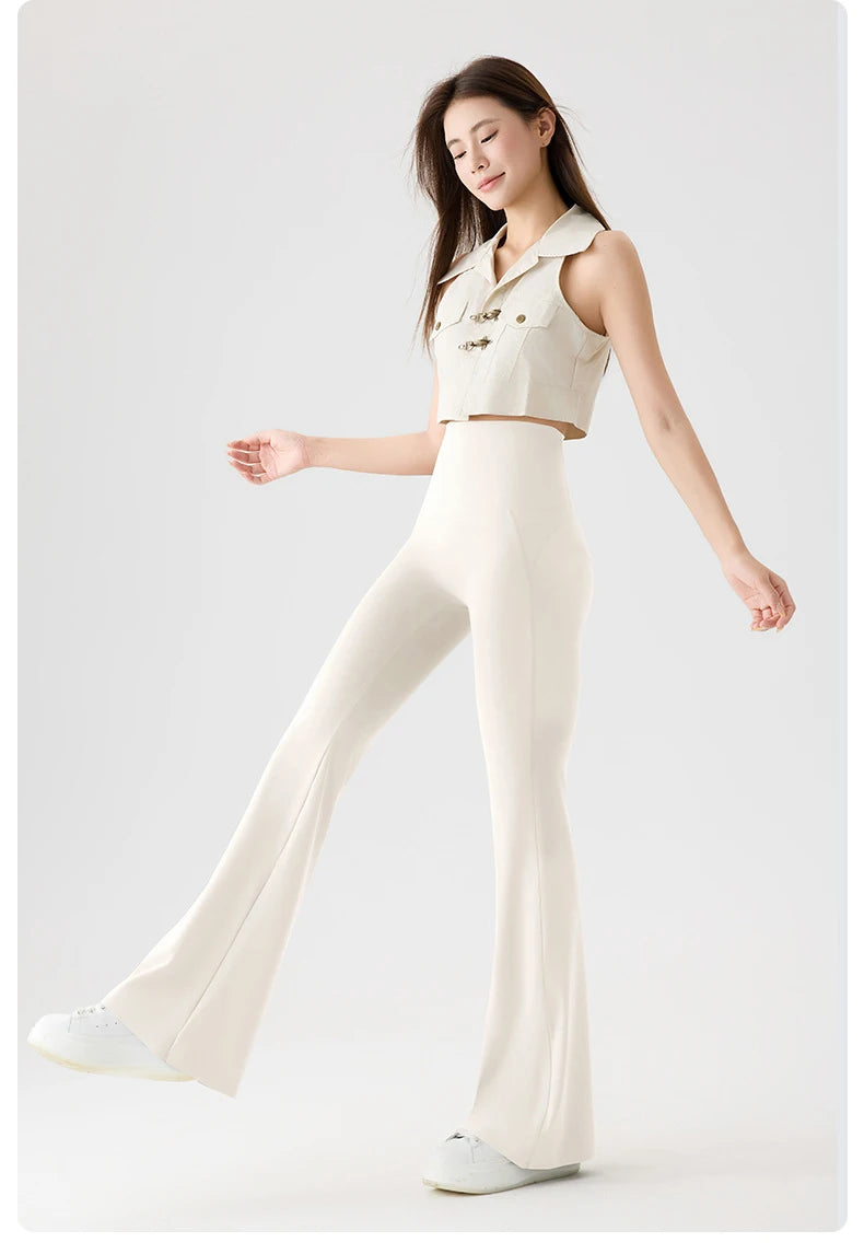 BIVIGAOS Naked Feeling Back Waist Pocket Sharkskin Micro Flared Leggings Women's Tight Sexy Sports Fitness Yoga Casual Pants.