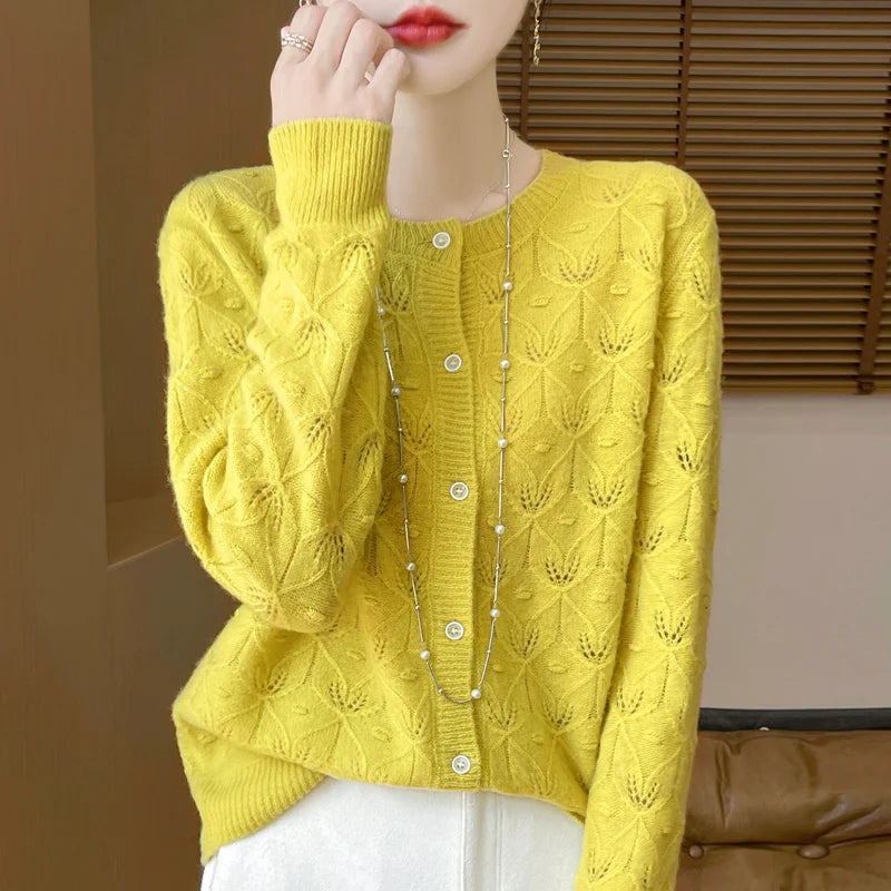 2024 Autumn And Winter New Round Neck Hollowed Out 100 Wool Knitted Cardigan Women's Versatile Coat Loose Casual Sweater DMR281.