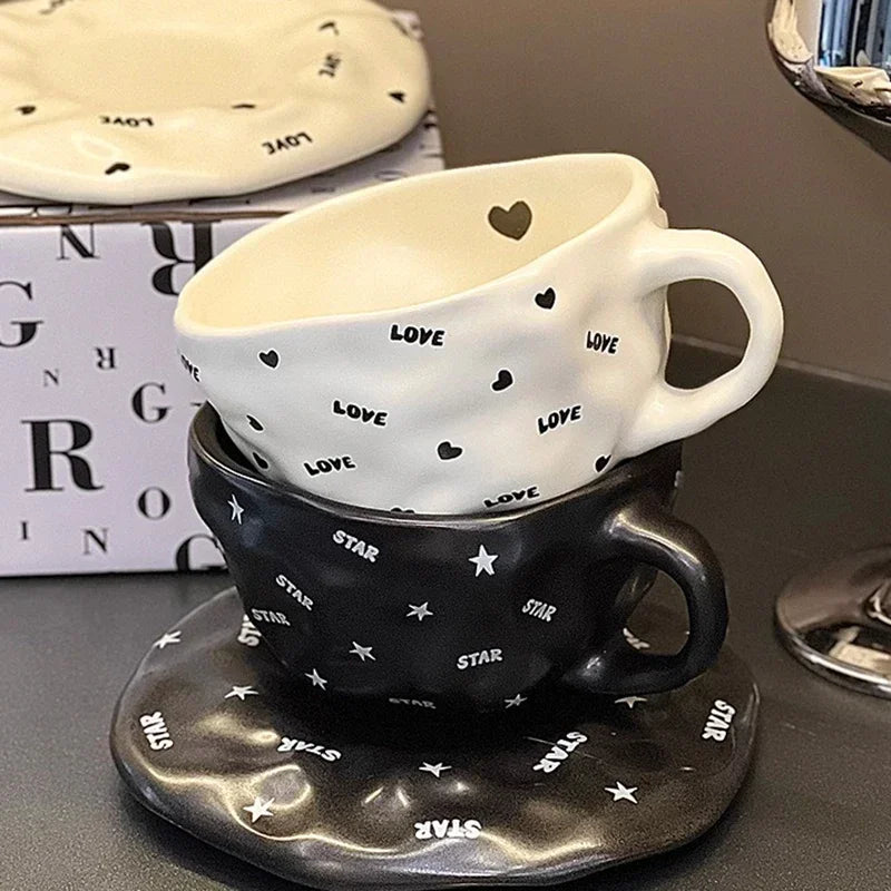 240ml Irregular Ceramic Coffee Cup and Saucer High Appearance Level Afternoon Teacup Office Home Milk Cup Water Cups for Couples.