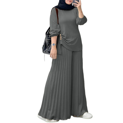 ZANZEA Muslim Women 2 Pieces Pant Sets Hijabis Casual Asymmetric Hem Long Sleeve Blouses & Pleated Pants 2pcs Suits Outfits