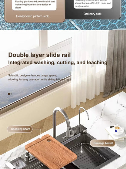 Küchenspüle, Wasserfall-Waschbecken aus Edelstahl, extra großer Einzelschlitz mit Digitalanzeige, Wasserhahn-Set für die Küche