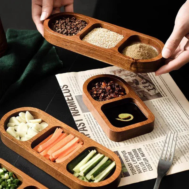 Solid Wood Rectangle Tray 2/3 Grid Condiment Plate Breakfast Sushi Bread Dessert Sauce Plate Kitchen Dinner Seasoning Dish.