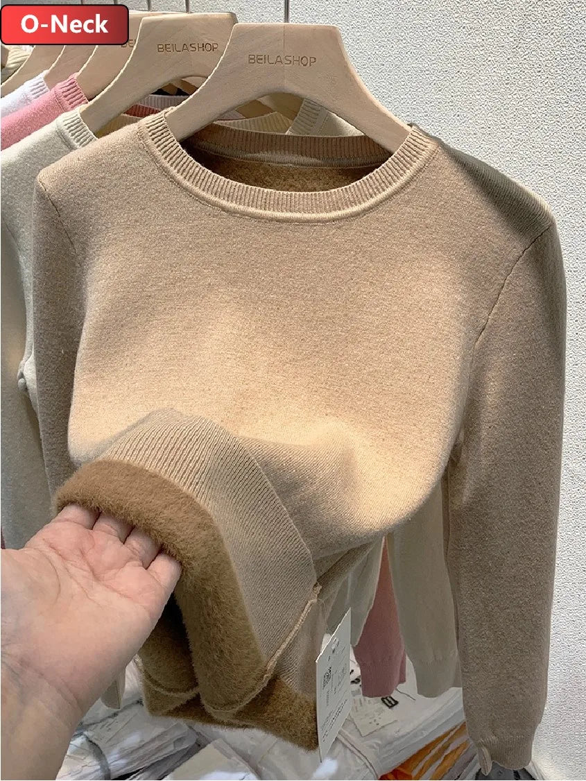 Pullover Für Frauen Winter Verdicken Rollkragen Schlank Stricken Pullover Neue Warme Plüsch Samt Gefüttert Strickwaren Jumper Tops Casual Poleras