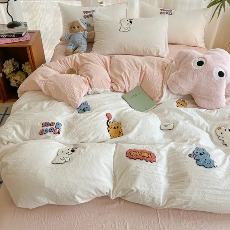 New washed cotton towel embroidery four-piece set animal paradise bed sheet bed hat home student dormitory three-piece set