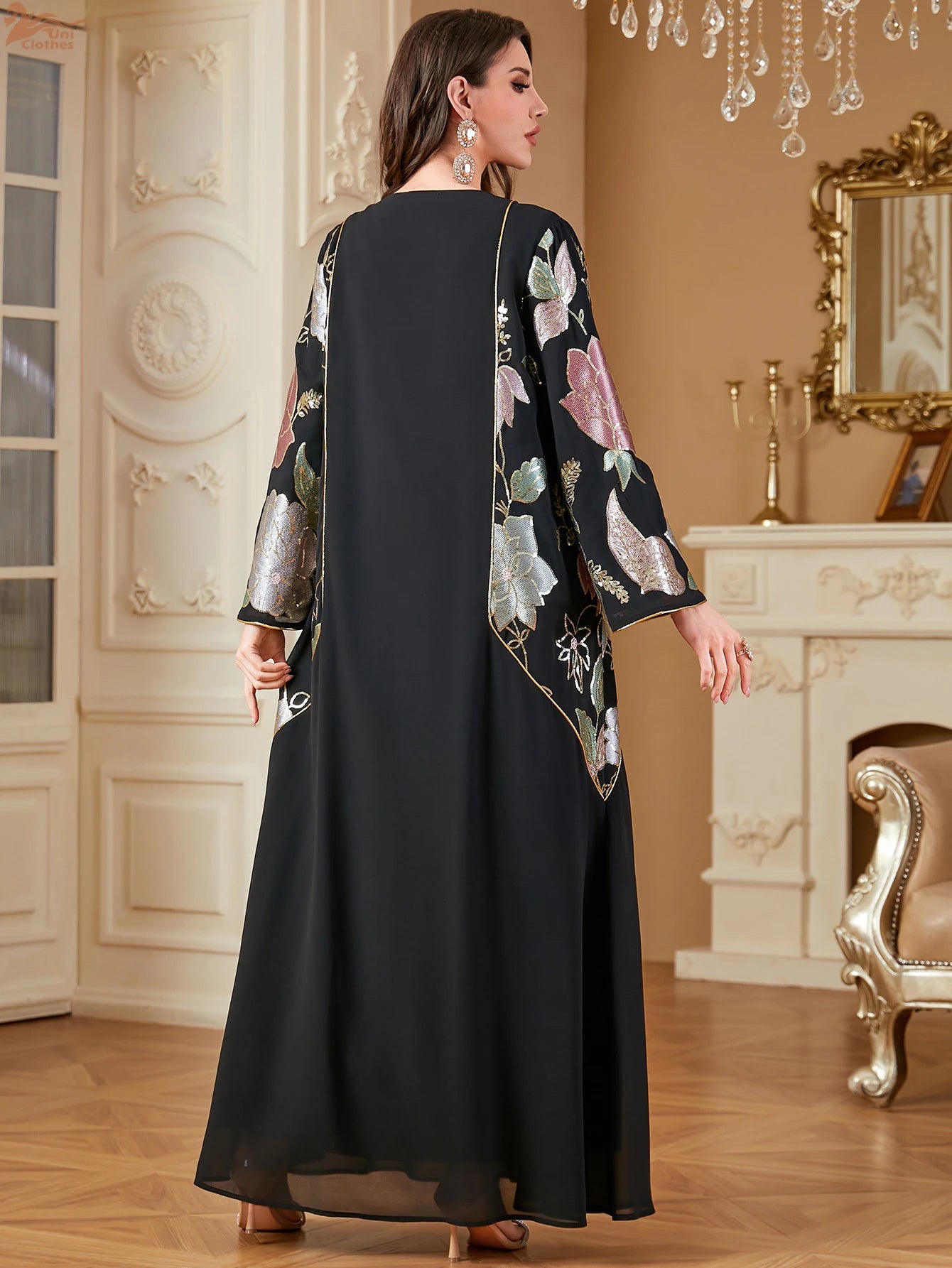 Uni Muslim Embroidery Petal Sleeve Dresses Women's Jalabiya Ramadan Moroccan Dubai Fashion Kebaya Casual Loose Abayas 2025.