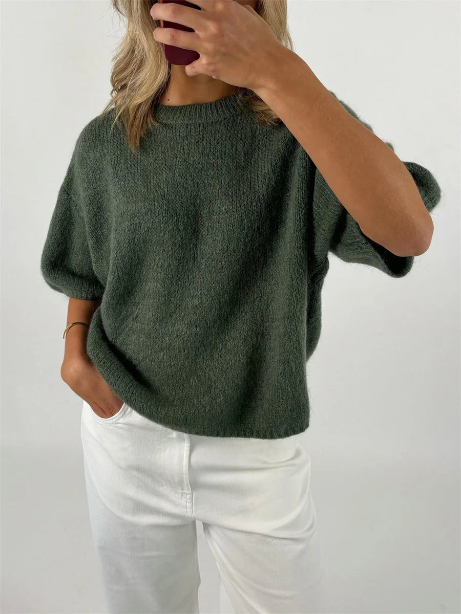 Damen Frühling Herbst Strickpullover Halbarm O Hals Einfarbig Lässige Strickwaren.