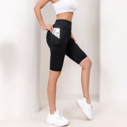 Running shorts, gym sports capris, high waisted pull-up running pants, pocket yoga pants, women's elastic fitness pants.