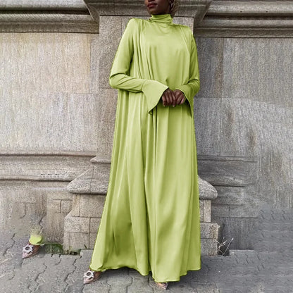 VONDA Frauen Böhmischen Lange Maxi Kleid 2024, Elegante Langarm Hohe Kragen Roben Casual Einfarbig Vestidos Vintage Sommerkleid