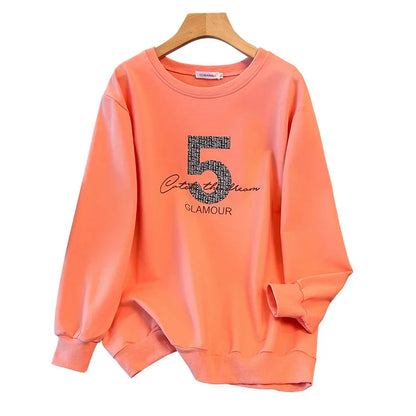 175kg plus size Damen büste Frühling Herbst loser Rundhals ausschnitt bedrucktes Langarm-Sweatshirt schwarz orange 5xl 6xl 7xl 8xl 9xl.