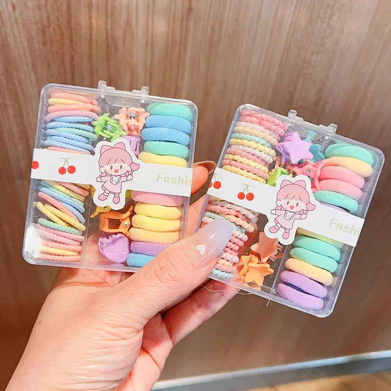 New Cute Box Set Children's New High Elasticity Elastic Band Candy Color Hair Tie Clip Hair Clip Rope Princess Accessories.