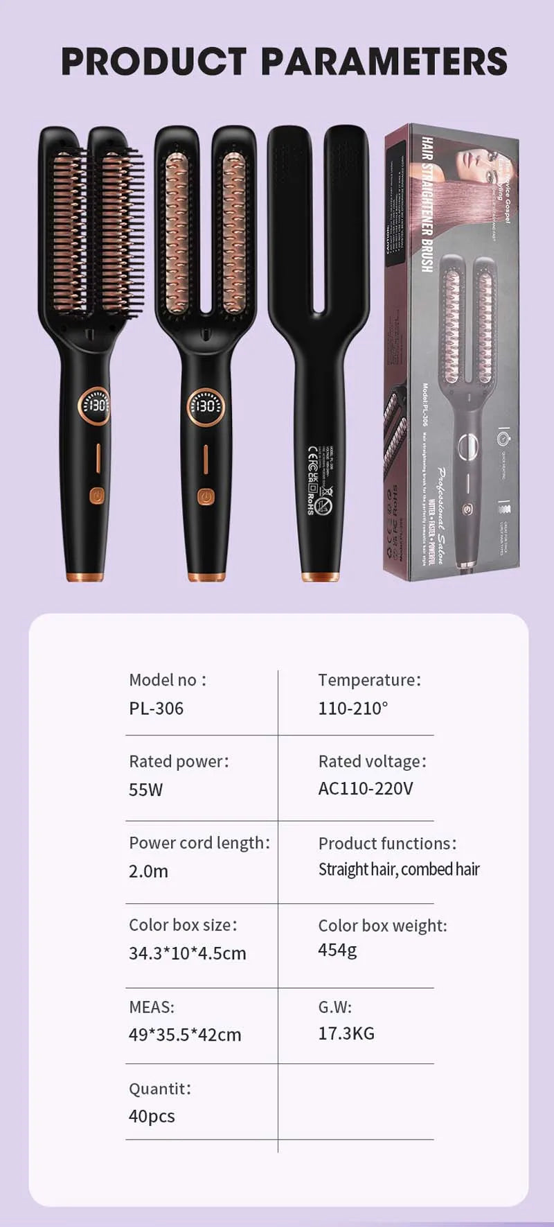 Professional Iron Straight Hair Hot Comb Double Heating Plate Ceramic Fast Heating Straightener Comb Electric Brush Straightener.