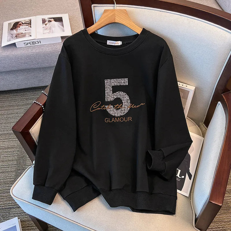 175kg plus size Damen büste Frühling Herbst loser Rundhals ausschnitt bedrucktes Langarm-Sweatshirt schwarz orange 5xl 6xl 7xl 8xl 9xl