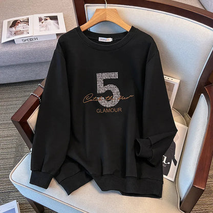 175kg plus size Damen büste Frühling Herbst loser Rundhals ausschnitt bedrucktes Langarm-Sweatshirt schwarz orange 5xl 6xl 7xl 8xl 9xl