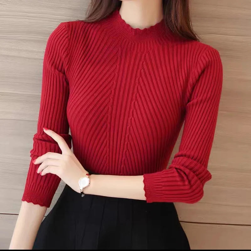 EVNISI Herbst Frauen Mock Neck Rüschen Pullover Langarm Gestrickte Bodenbildung Solide Pullover Streifen Frauen Casual Pullover Winter.
