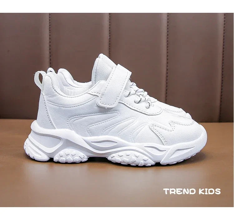Children White Running Shoes Kids Fashion Sneakers PU Soft Breatheable Comfortable Boys Girls School Sports Shoes Size 26-37.