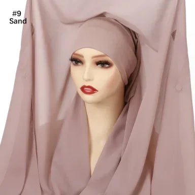 Chiffon Instant Hijab With Bulit-in Magnets Muslim Woman Hijab Solid Color Easy To Wear Shawl Wrap With Undercap Famme Headscarf