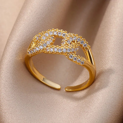 Gold Plated Stainless Steel Crystal Rings For Women Chain Geometry Zircon Finger Ring Jewelry Gift anillos mujer 2025 New Trendy.