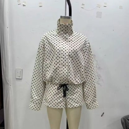 TRAFZA Herbst Polka Dot Gedruckt Jacke Für Frauen Lange Ärmel Rollkragen Zipper Mit Taschen Kordelzug Lose Vintage Mäntel