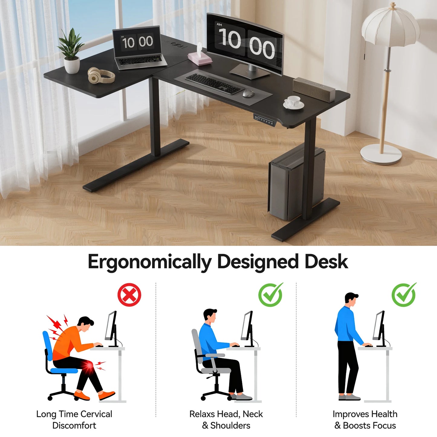 Elektrisch höhenverstellbarer L-förmiger Schreibtisch Ergonomischer Computertisch mit USB und Steckdose für Büro und Zuhause
