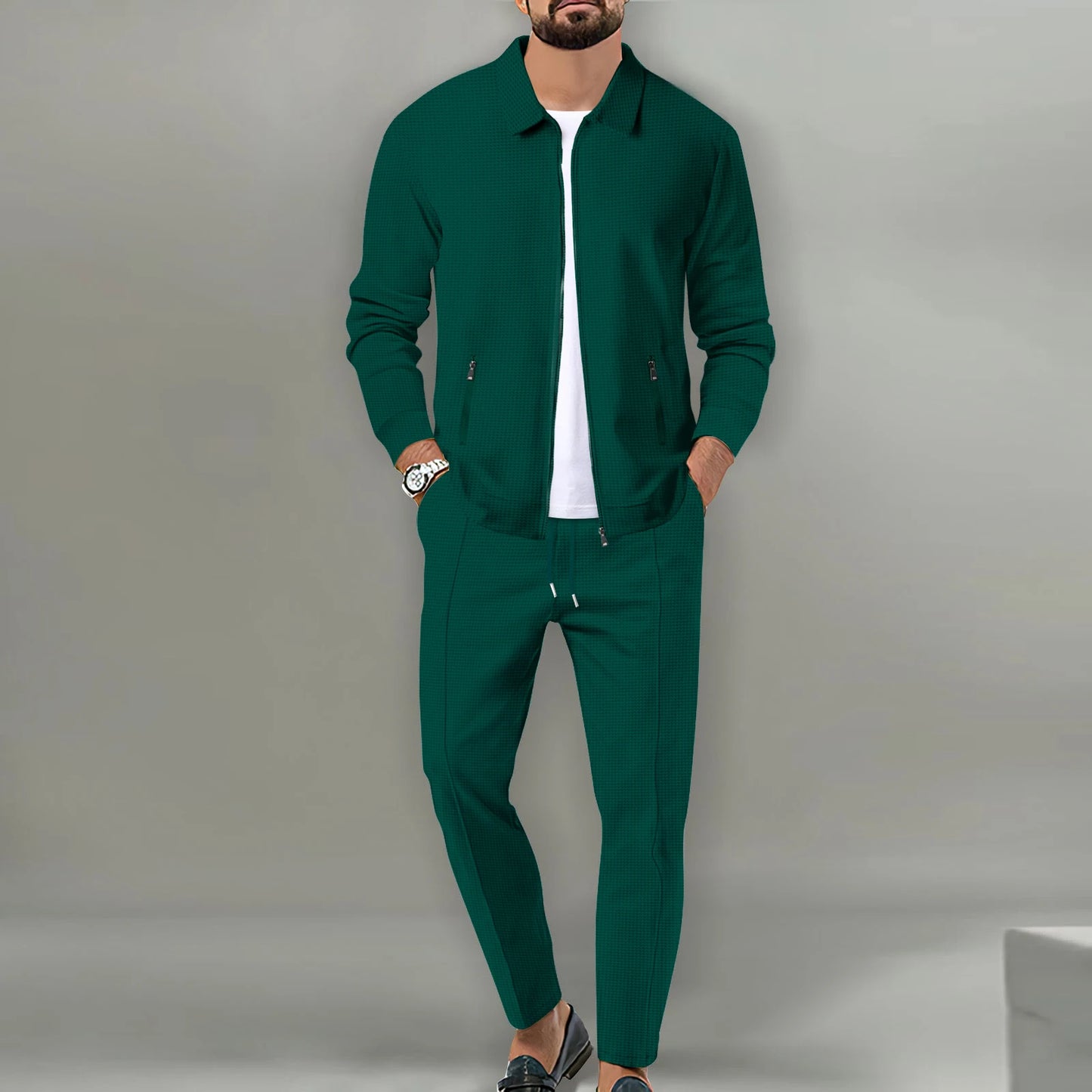 Men's Slim Fit Jacket with Zipper Pocket, Long Sleeved Sportswear, Cardigan Jacket Set, Long Pants, Elegant, two-Piece Set.