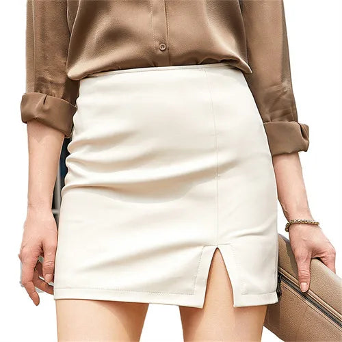 2025 Spring/summer Red Crocodile Pattern PU Skirt Ladies Slit Skirt Slim  Stretch Leather Skirts White Brown Black Green